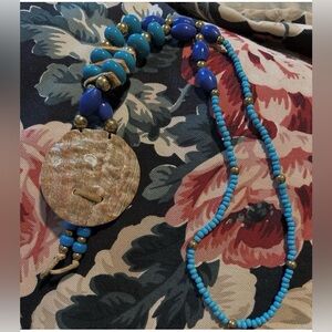Blue and Gold Beaded Necklace with Abalone shell pendent